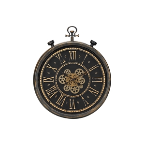 Pemberly Row 24&quot Round Pocket Watch Wall Clock with Moving Gears in Brown