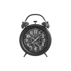 Pemberly Row 12&quot Round Table Clock with Moving Gears and Double Bell in Black