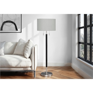 Pemberly Row 60&quot Contemporary Floor Lamp in Black Nickel with Gray Fabric Shade
