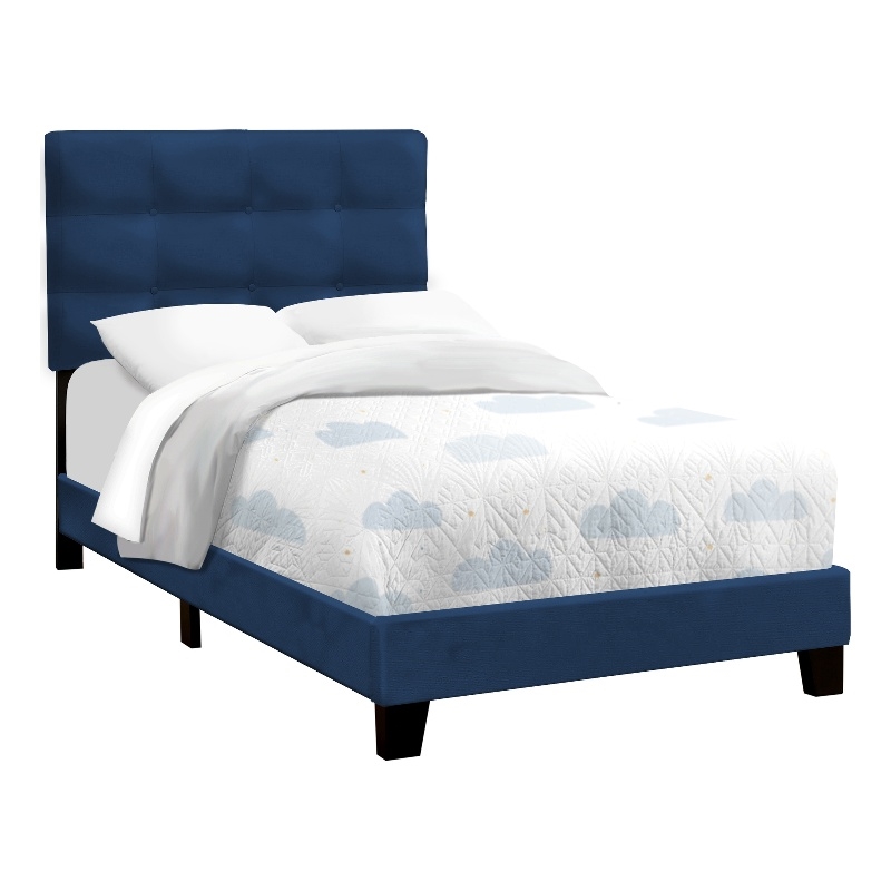 Pemberly Row Twin Size Upholstered Platform Bed Frame in Navy Blue Velvet