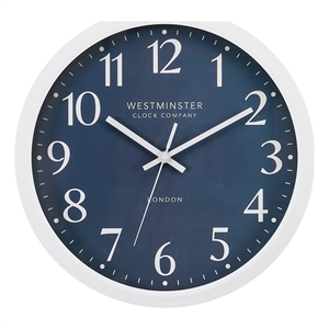Pemberly Row 12&quot Round Contemporary Wall Clock in Blue with White Frame