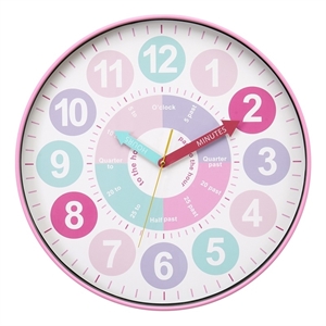 Pemberly Row 18&quot Round Juvenile Wall Clock with Playful Print in Pink Frame