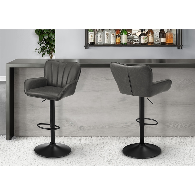 Pemberly Row Set of 2 Adjustable Swivel Barstools in Gray Faux Leather
