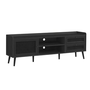 Pemberly Row 72&quot Transitional TV Stand with Rattan Panels in Black Laminate