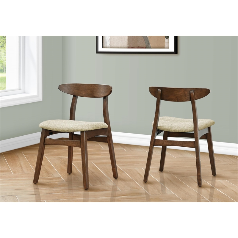 Pemberly Row Set of 2 Mid-Century Dining Chairs in Sand Fabric with Walnut Legs