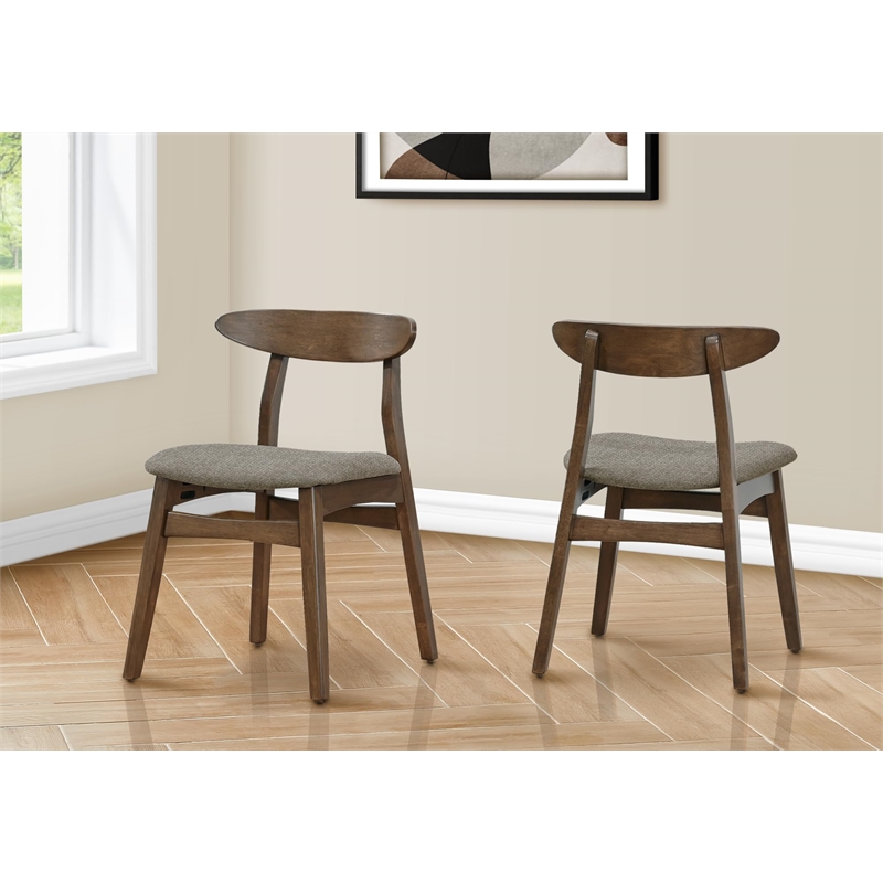 Pemberly Row Set of 2 Mid-Century Dining Chairs in Brown Fabric with Walnut Legs