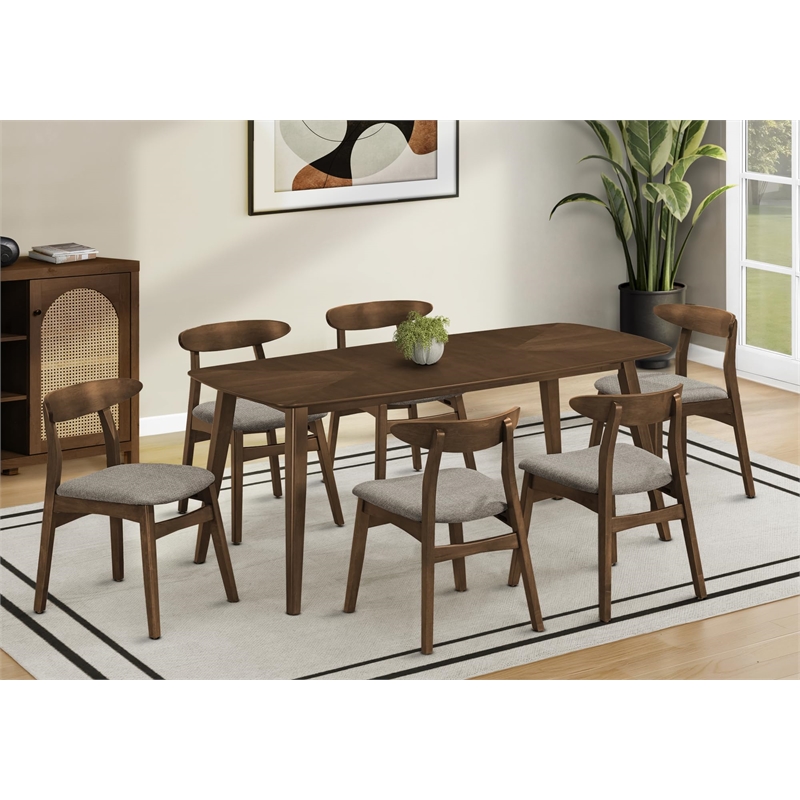 Pemberly Row Set of 2 Mid-Century Dining Chairs in Brown Fabric with Walnut Legs