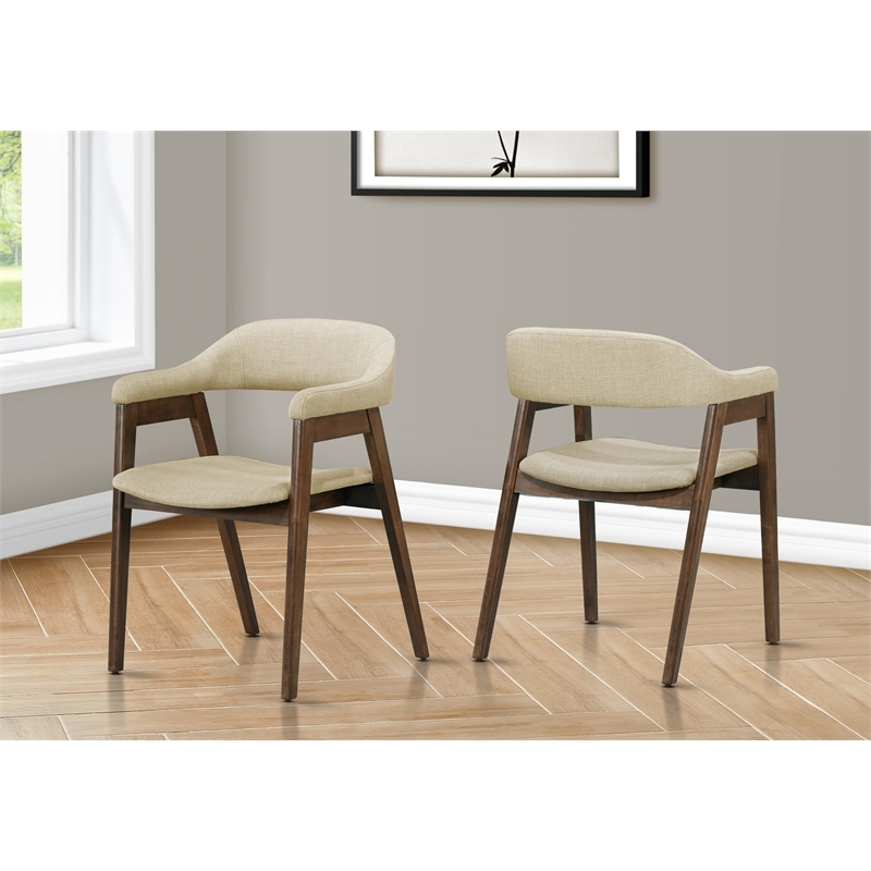Pemberly Row Set of 2 Mid-Century Dining Chairs in Sand Fabric with Dark Walnut
