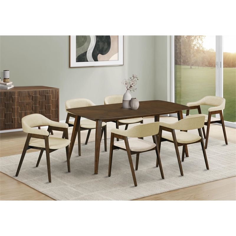 Pemberly Row Set of 2 Mid-Century Dining Chairs in Sand Fabric with Dark Walnut