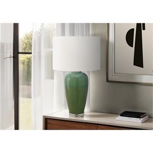 Pemberly Row 29&quot Green Ceramic Table Lamp with Ivory Shade and Acrylic Base