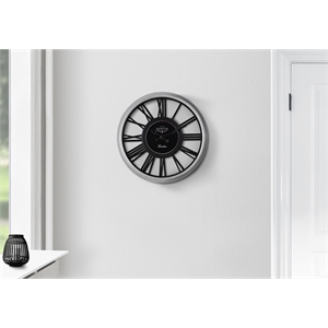 Pemberly Row 16&quot Round Skeleton Wall Clock in Silver Gray and Black