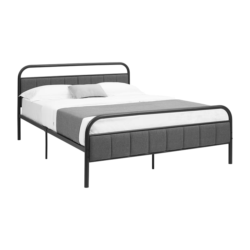 Pemberly Row Queen Metal Platform Bed with Gray Linen-Look Upholstered Headboard