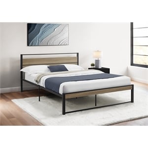 Pemberly Row Queen Metal Platform Bed with Dark Taupe Laminate Paneling
