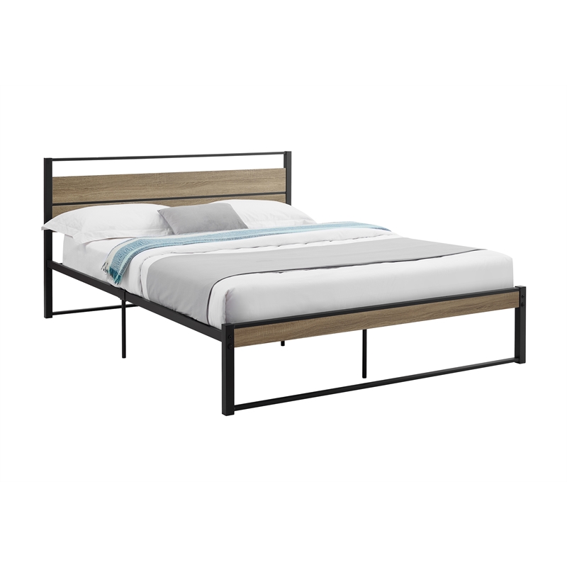 Pemberly Row Queen Metal Platform Bed with Dark Taupe Laminate Paneling