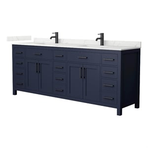Pemberly Row 84&quot Dark Blue Double Vanity & Quartz Top (1-Hole) & Black Trim