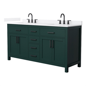 Pemberly Row 66&quot Green Double Vanity & White Quartz Top (3-Hole) & Black Trim
