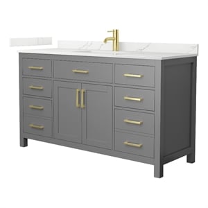 Pemberly Row 60&quot Dark Gray Single Vanity & Quartz Top (1-Hole) & Gold Trim