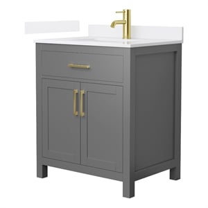 Pemberly Row 30&quot Dark Gray Single Vanity & White Quartz Top (1-Hole) & Gold Trim