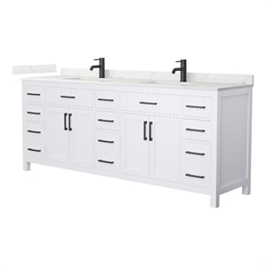 Pemberly Row 84&quot White Double Vanity & Giotto Quartz Top (1-Hole) & Black Trim