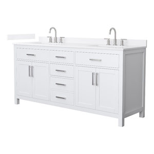 Pemberly Row 72&quot White Double Vanity & White Quartz Top (3-Hole) & Nickel Trim