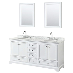 Pemberly Row 72&quot Marble Top Wood Double Bathroom Vanity in White