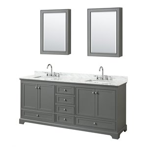 Pemberly Row 80&quot Marble Top Wood Double Bathroom Vanity in Gray