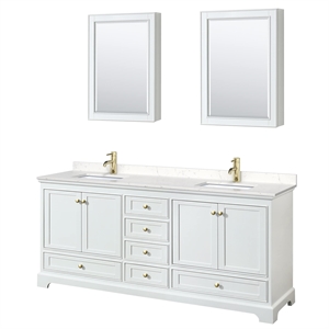 Pemberly Row 80&quot Marble Double Bathroom Vanity in White/Gold