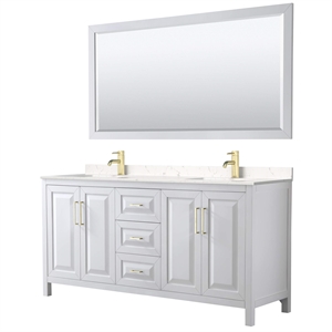 Pemberly Row 72&quot Marble & Wood Double Bathroom Vanity in White/Gold