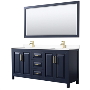 Pemberly Row 72&quot Mirror Wood Double Bathroom Vanity in Blue/Gold