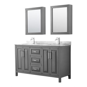 Pemberly Row 60&quot Marble Top Wood Double Bathroom Vanity in Gray