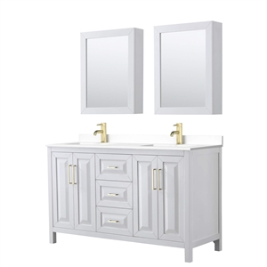 Pemberly Row 60&quot Wood & Marble Double Bathroom Vanity in Gold/White