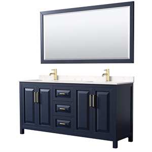Pemberly Row 72&quot Light Vein Wood Double Bathroom Vanity in Blue/Gold