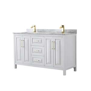 Pemberly Row 60&quot Marble & Wood Double Bathroom Vanity in White/Gold