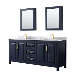 Pemberly Row 80&quot Cabinets Wood Double Bathroom Vanity in Blue/Gold