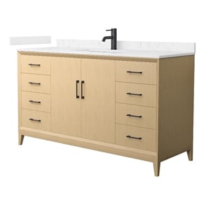 Pemberly Row 60&quot Oak Single Vanity & Carrara Cultured Marble Top & Black Trim