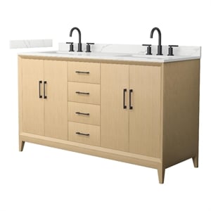 Pemberly Row 60&quot White Oak Double Vanity & Quartz Top (3-Hole) & Black Trim