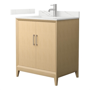Pemberly Row 30&quot White Oak Single Vanity & Quartz Top (1-Hole) & Nickel Trim