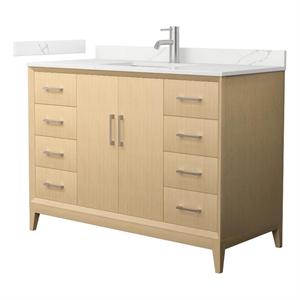 Pemberly Row 48&quot White Oak Single Vanity & Quartz Top (1-Hole) & Nickel Trim