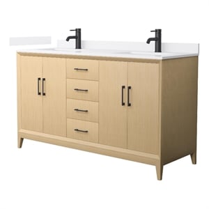 Pemberly Row 60&quot Oak Double Vanity & White Quartz Top (1-Hole) & Black Trim