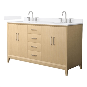 Pemberly Row 60&quot Oak Double Vanity & White Quartz Top (3-Hole) & Nickel Trim