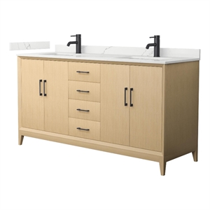 Pemberly Row 66&quot White Oak Double Vanity & Quartz Top (1-Hole) & Black Trim