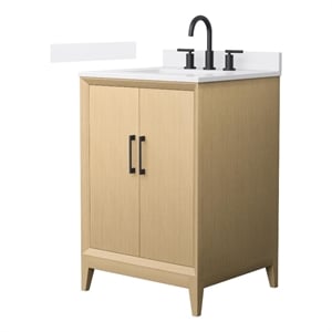 Pemberly Row 24&quot Oak Single Vanity & White Quartz Top (3-Hole) & Black Trim