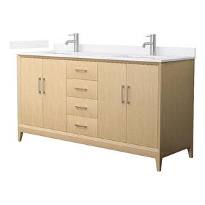 Pemberly Row 66&quot Oak Double Vanity & White Quartz Top (1-Hole) & Nickel Trim