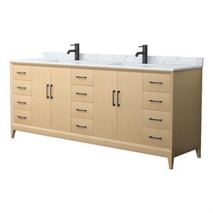 Pemberly Row 84&quot White Oak Double Vanity & White Carrara Marble Top & Black Trim