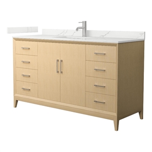 Pemberly Row 60&quot White Oak Single Vanity & Quartz Top (1-Hole) & Nickel Trim