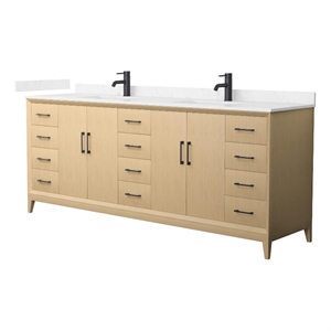 Pemberly Row 84&quot Oak Double Vanity & Carrara Cultured Marble Top & Black Trim