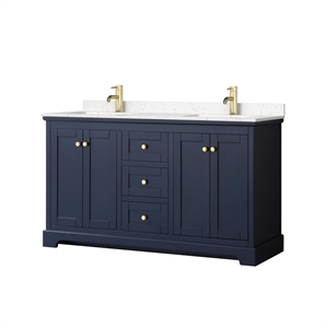 Pemberly Row 60&quot Light Vein Wood Double Bathroom Vanity in Blue/Gold