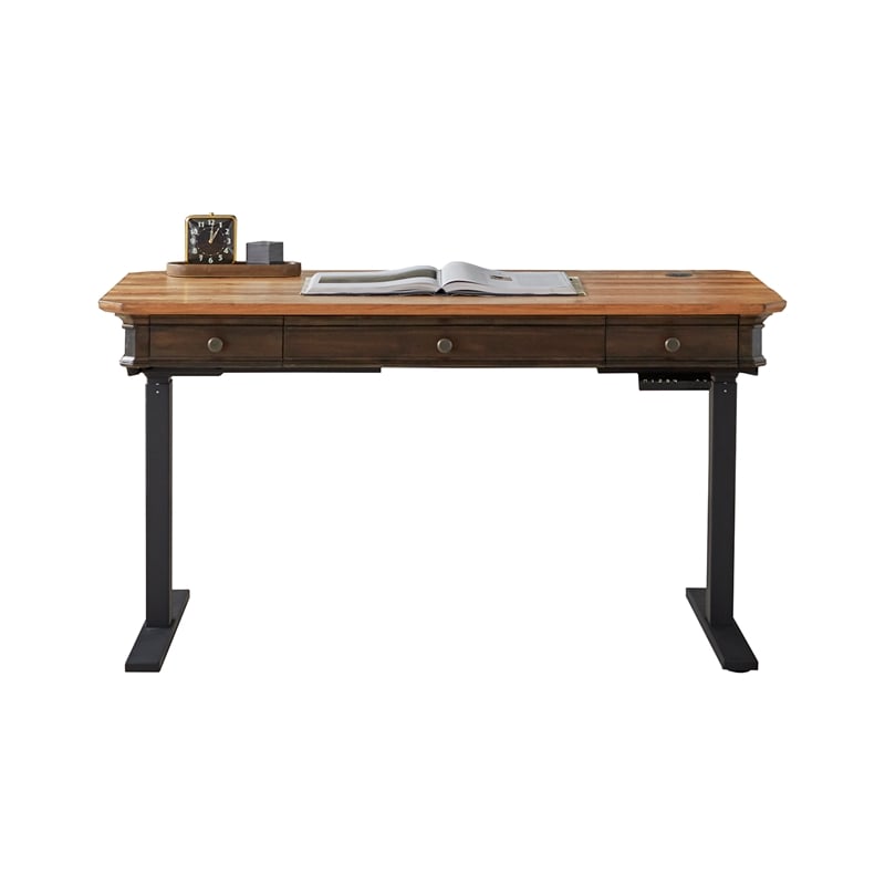Pemberly Row Executive Electric Sit-Stand Desk w/ Solid Wood Plank Top in Brown