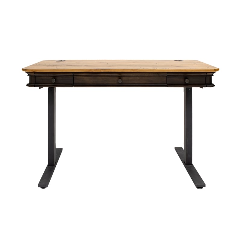 Pemberly Row Executive Electric Sit-Stand Desk w/ Solid Wood Plank Top in Brown