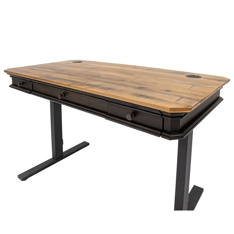 Pemberly Row Executive Electric Sit-Stand Desk w/ Solid Wood Plank Top in Brown